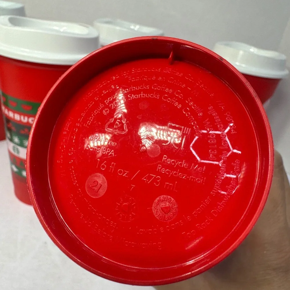 Starbucks Reusable Red Holiday Cups Set of 6 Christmas Festive Designs 16oz Lids